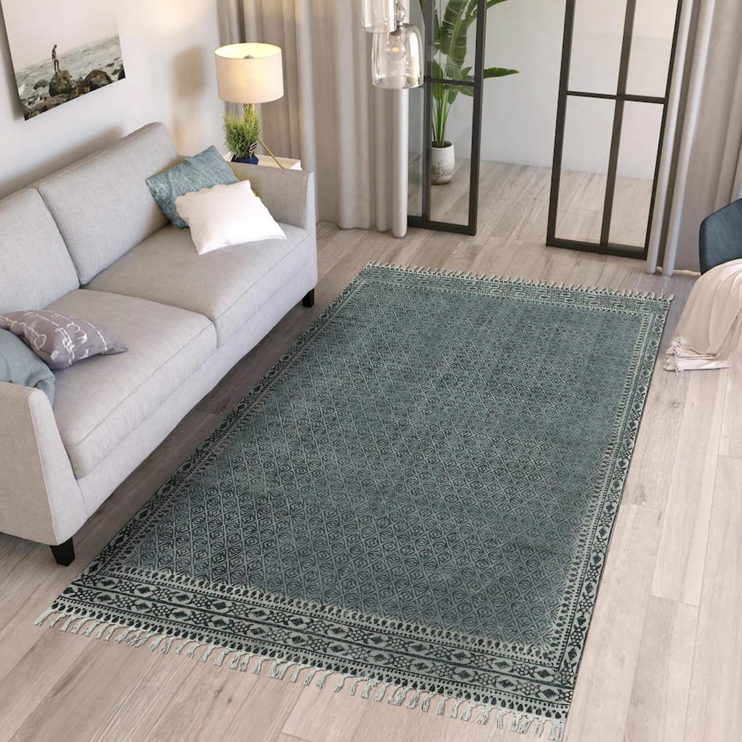 Hand Block Print Cotton Area Rug, Abstract Gray, Bohemian Style (4x6 Ft ...