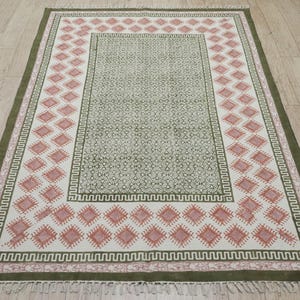 Handmade Cotton Dhurrie Runner Rug, Green Block Printed Geometric Rug