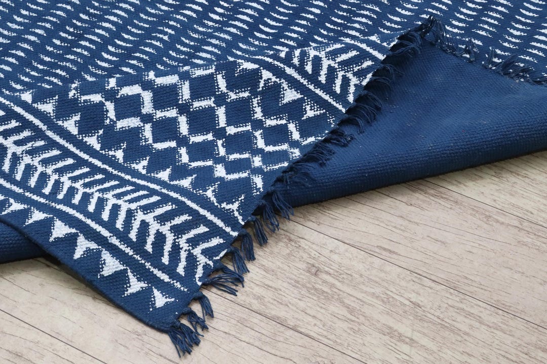 Dabu Rug Blue Boho Cotton Rug, Handmade Dabu Print Floor Carpet for Living Room ...