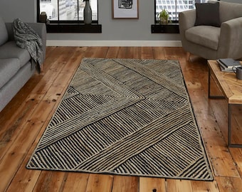 Alfombra de yute negro trenzada a mano, alfombra de área estilo Kilim geométrico, alfombra bohemia de fibra natural para decoración de