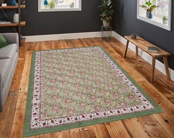 Floral Block Printed Cotton Area Rug, Green Bohemian Rug
