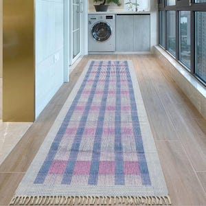 Blue beige woven runner Cotton hallway runner, Kitchen floor runner Block printed rug Stair runner, 3x10 5x10 4x15 feet Washable area rug