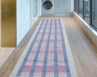 Blue Beige Block Printed Cotton Runner, Boho Modern Area Rug