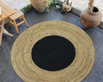 Tapete redondo de juta feito à mão com centro preto, tapete trançado estilo boho campestre, tapete de juta natural para decoração de sala de