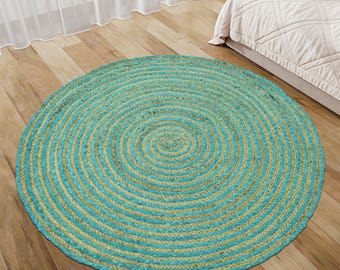Handmade Braided Round Jute Rug | Green & Natural Boho Farmhouse Style | Eco Friendly Area Rug for Living Room Bedroom