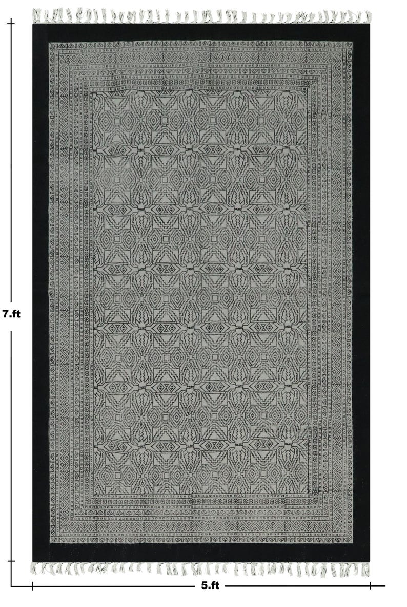 Hand Block Printed Cotton Rug - Black Beige Geometric Runner - Etsy