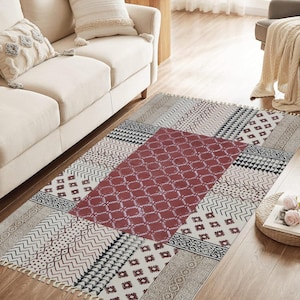 Brown Cotton Runner, Home Decor Runner, Boho Cotton Rug Hand Washable Dining Room Rug Block Print Rug Beige Floor Runner 2x20 5x10 4x15 Ft