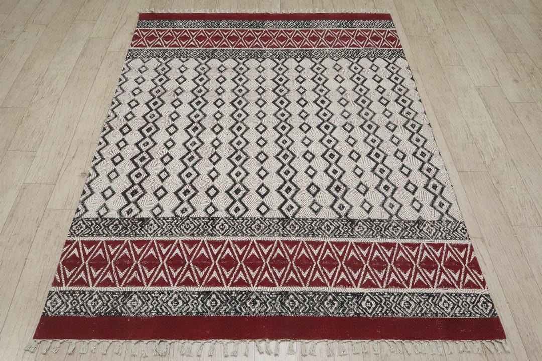 Maroon Border Rug Maroon Large Cotton Rug Modern Geometric Rug Handmade Floor Rug Boho ...