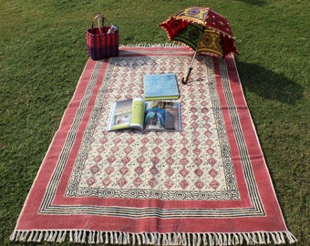 Beau tapis en coton rose/beige, tapis fait main, tapis de décoration d'intérieur, tapis intérieur/extérieur de salon, impression de blocs, tapis Dhurrie tissé à plat