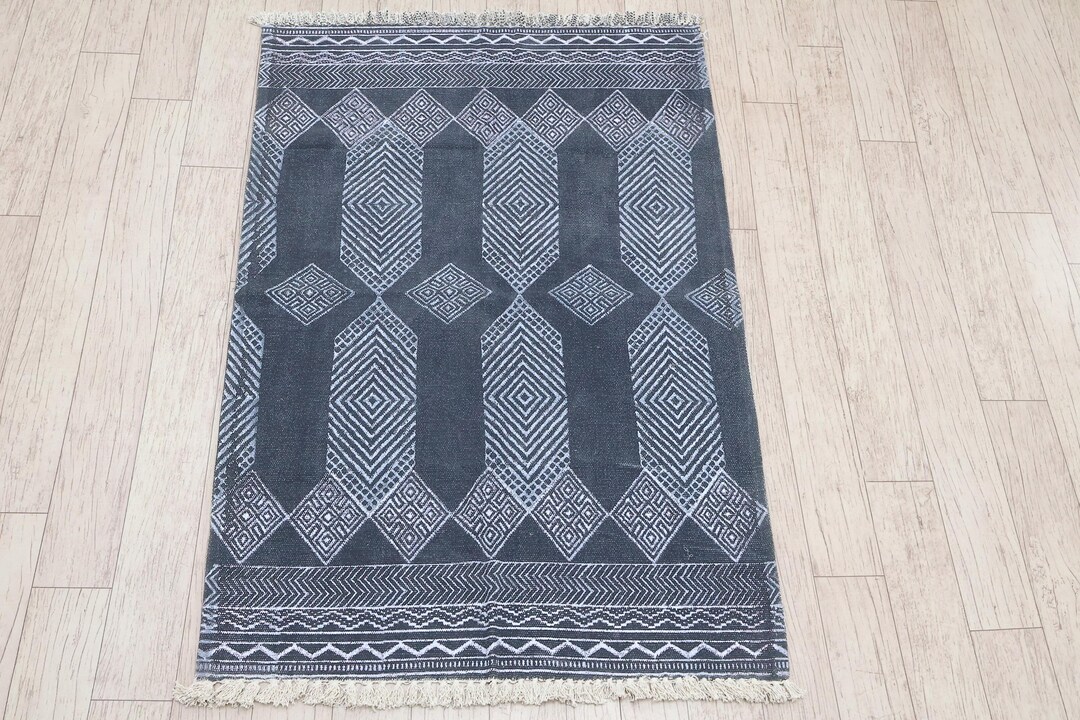 Hand Block Printed Cotton Rug, Black Geometric Bohemian Rug - Etsy