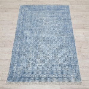 Blue Gray Abstract Cotton Rug, Hand Block Print Runner, Washable Flat Weave Bohemian Area Rug for Hallway, Stairs, Outdoor Patio 4x6 feet