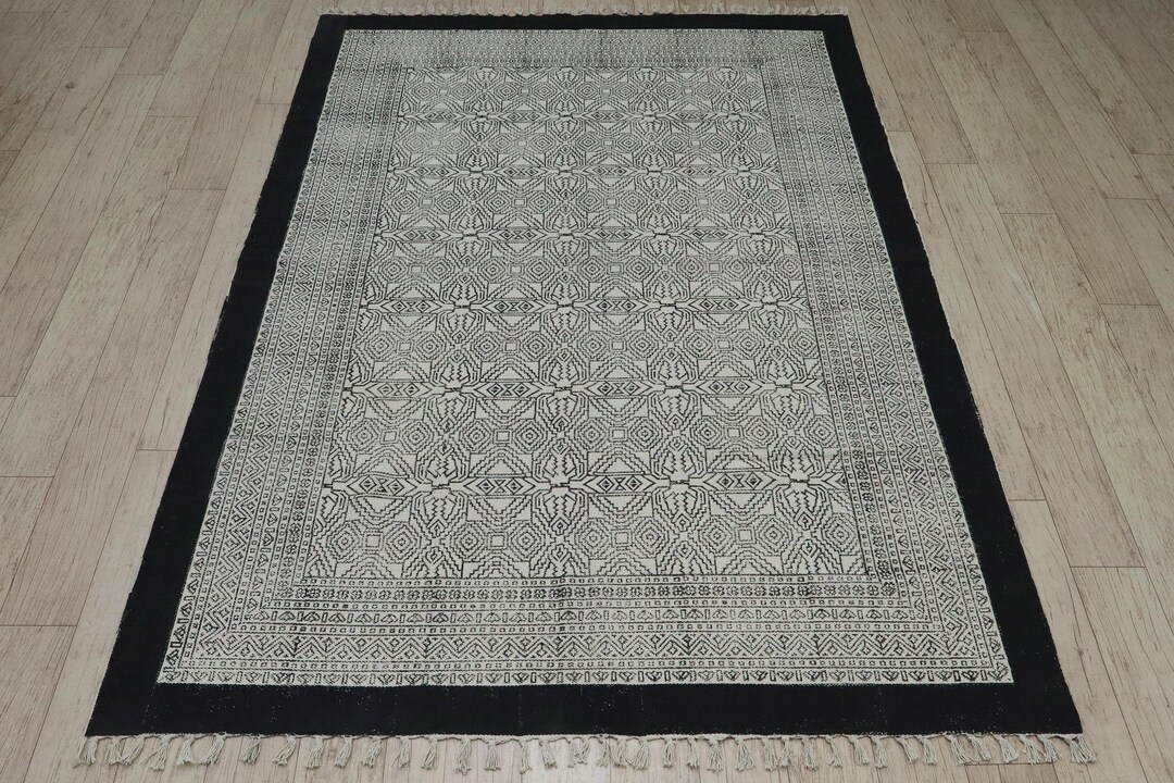 Hand Block Printed Cotton Rug - Black Beige Geometric Runner - Etsy