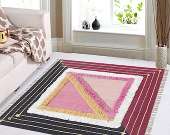 Hand Tufted Cotton Square Rug: Geometric Multicolor, Flat Weave