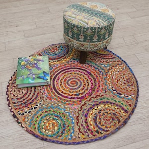 Chindi Teppich, Beige Bereich Teppich, Chindi Baumwolle Jute Dhurrie, Geflochtener Mehrfarbiger Teppich, Jute Teppich, Boho Teppich 3x3 4x4 5 x 5 Fuß