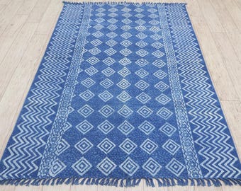 Washable Blue Cotton Area Rug 4x6 ft, Hand Block Printed Geometric Boho Flatweave