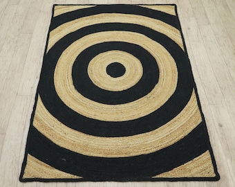 Black Striped Jute Rug, Hand-Braided Natural Fiber Carpet, Boho Farmhouse Decor