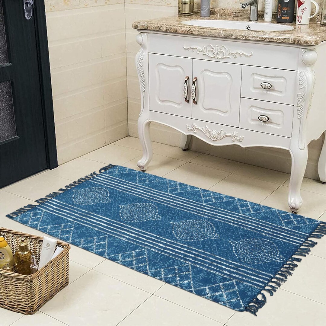 Blue Cotton Rug, Bohemian Block Print Area Rug - Etsy UK