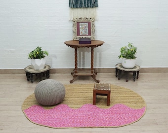 Handwoven Oval Jute Rug | Braided Chindi Cotton, Boho Farmhouse Entryway Carpet