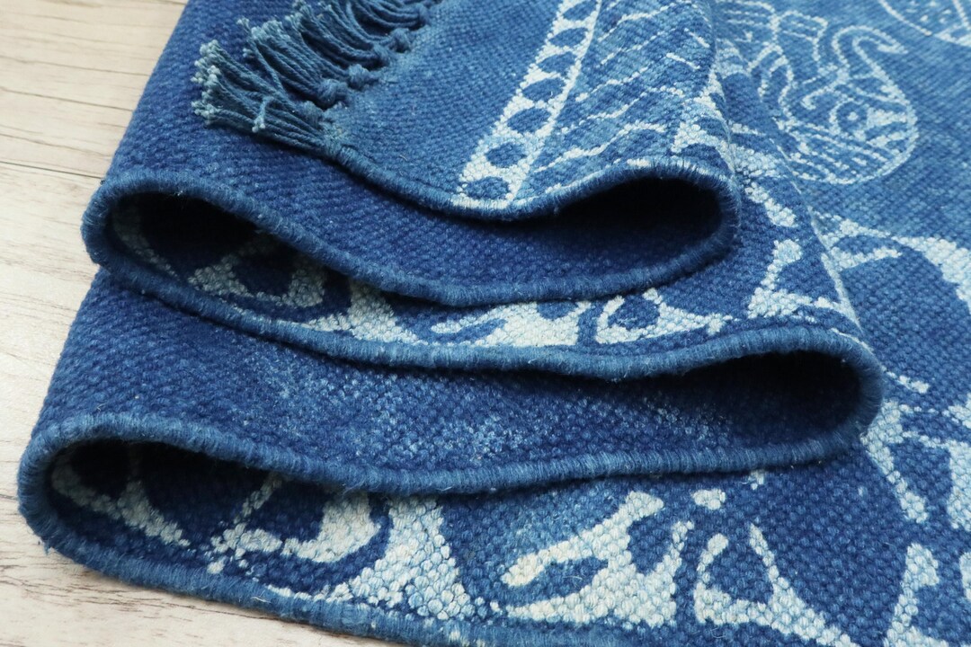 Dabu Rug Blue Hand Block Print Cotton Runner Rug Dabu Print Dhurrie Beige ...