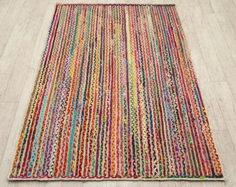 Handgefertigter Chindi-Flickenteppich aus Baumwolle und Jute | Boho-Teppich aus recycelten Materialien, Regenbogenfarben, Flachgewebe