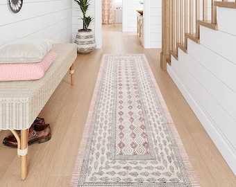 Custom Beige Cotton Rug: Hand Block Print, Bohemian Runner
