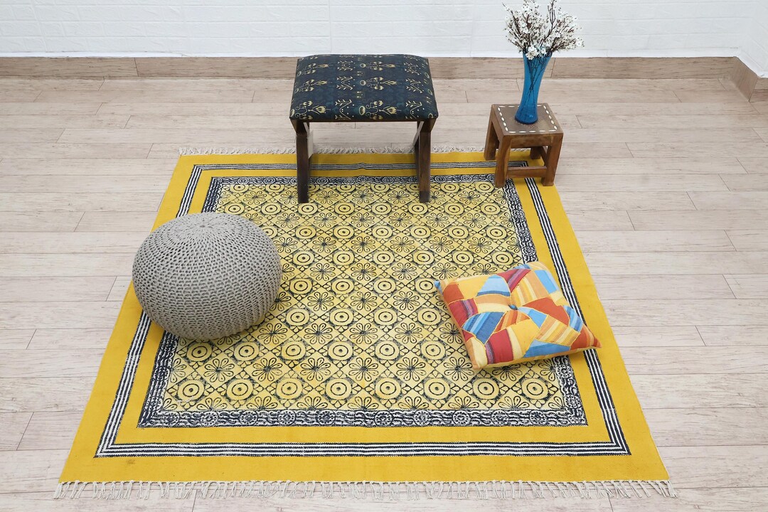 Yellow Cotton Square Rug 2x2 Ft, Hand Block Printed Area Carpet for ...