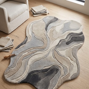 Alfombra Ondulada Escultural de Lana, Alfombra de Forma Orgánica Hecha a Mano con Diseño de Contornos Fluidos