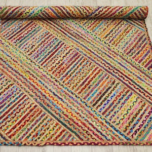 Handwoven Cotton Chindi Area Rug Hand Braided Jute Multicolor Carpet Beautiful Cotton Jute Dhurrie Home Decor Living Room Dining Room