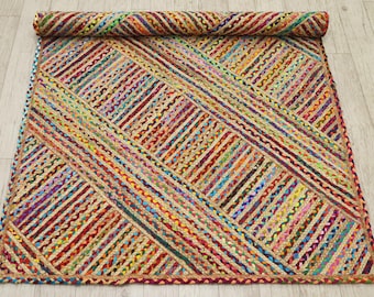 Handwoven Chindi Jute Rug: Braided Multicolor Cotton, Bohemian Decor