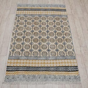 Block Printed Area Rug Yellow Geometric Cotton Rug Bohemian Home Decor, Large Floor Runner Indoor Bathroom Rug Washable Cotton Rug Entryway