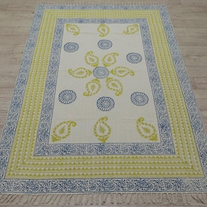 Yellow Cotton Rug, Blue Hand Block Printed Rug, Area Rug, Outdoor Patio Rug, Kitchen, Handmade Floor Rug, Custom Size 3x5 5x5 2x30 Ft. Rug