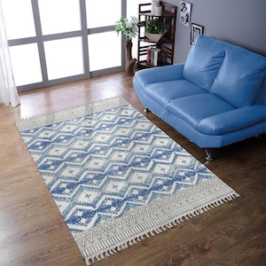 Blue Rugs Geometric Hand Block Cotton Runner Rug Area Rugs Black 8x10 5x5 4x20 ft Bedroom Square Carpet Washable Rug Boho Flat Weave  Rug