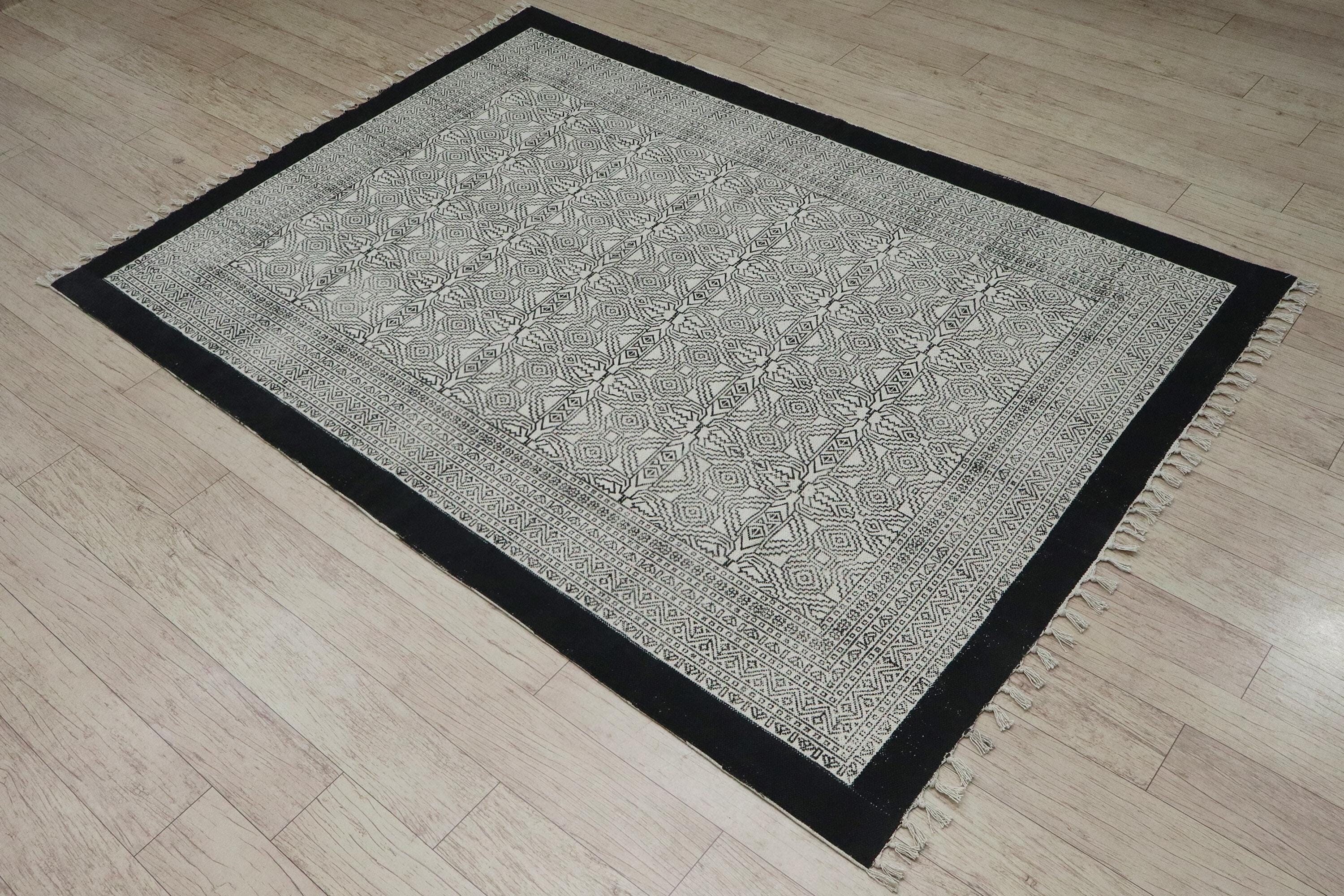 Hand Block Printed Cotton Rug - Black Beige Geometric Runner - Etsy