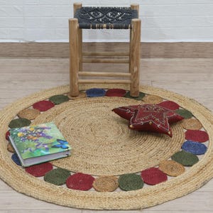 Indischer Handgemachter Chindi runder Teppich, geflochtener Baumwollkreis Teppich, Boho Multicolor Bodenmatte für Schlafzimmer, Wohnzimmer & Eingang 90x100x150 cm