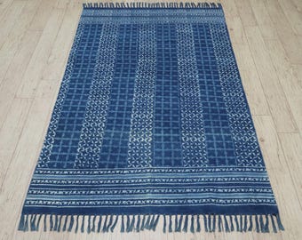 Washable Blue Cotton Area Rug 4x6 ft, Hand Block Printed Geometric Boho Flatweave