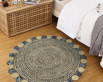 Runder Juteteppich 3x3 4x4 5x5 ft, Beige Multicolor handgeflochtener geometrischer Teppich, Boho Bereich Teppich für Wohnzimmer