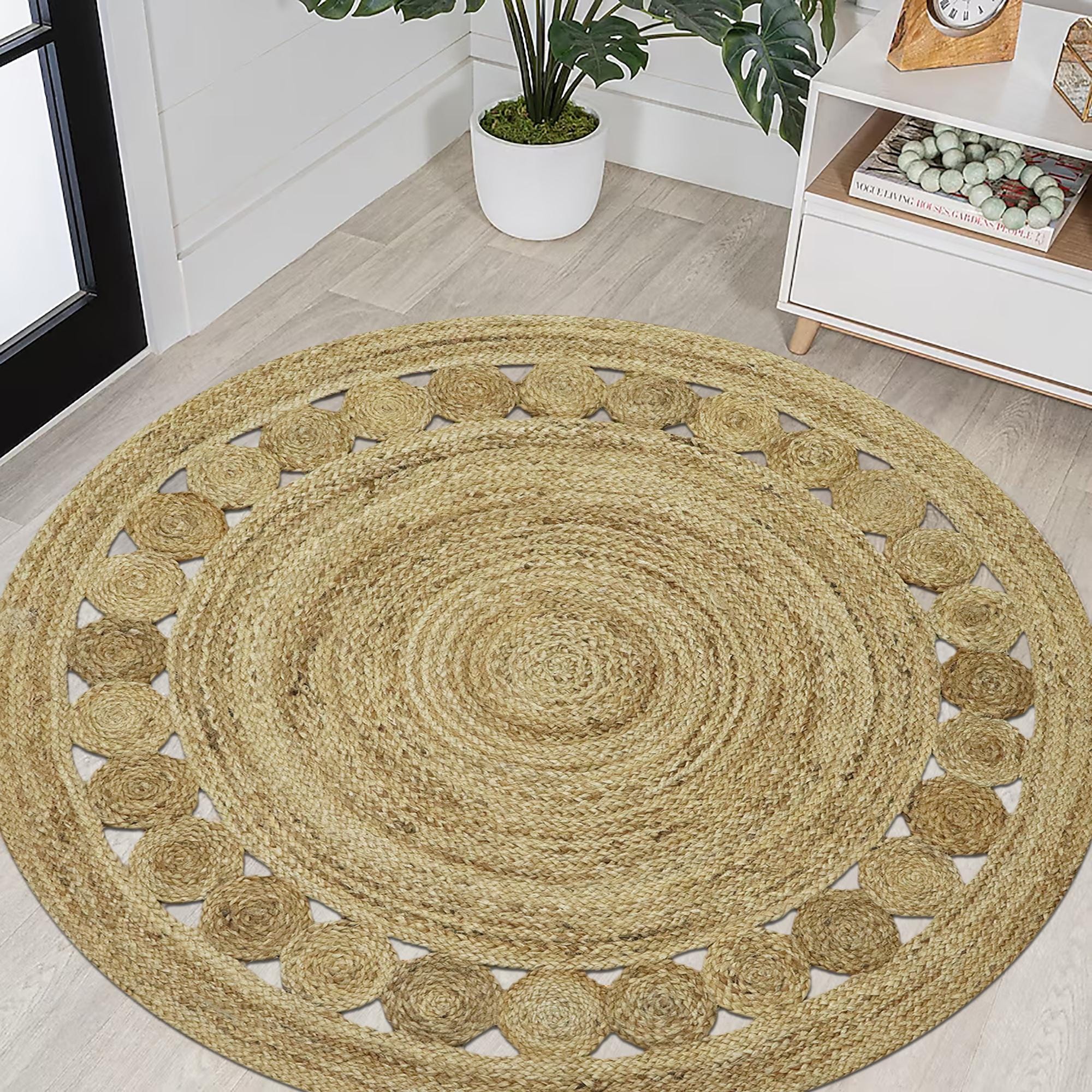 Handmade Round Jute Rug | Boho Spiral Weave, Rosette Border