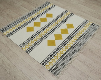 Moroccan Yellow Cotton Rug, Boho Woven Area Rug