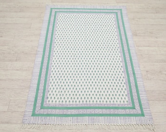 Green Hand Block Print Cotton Rug, Boho Floral Area Rug