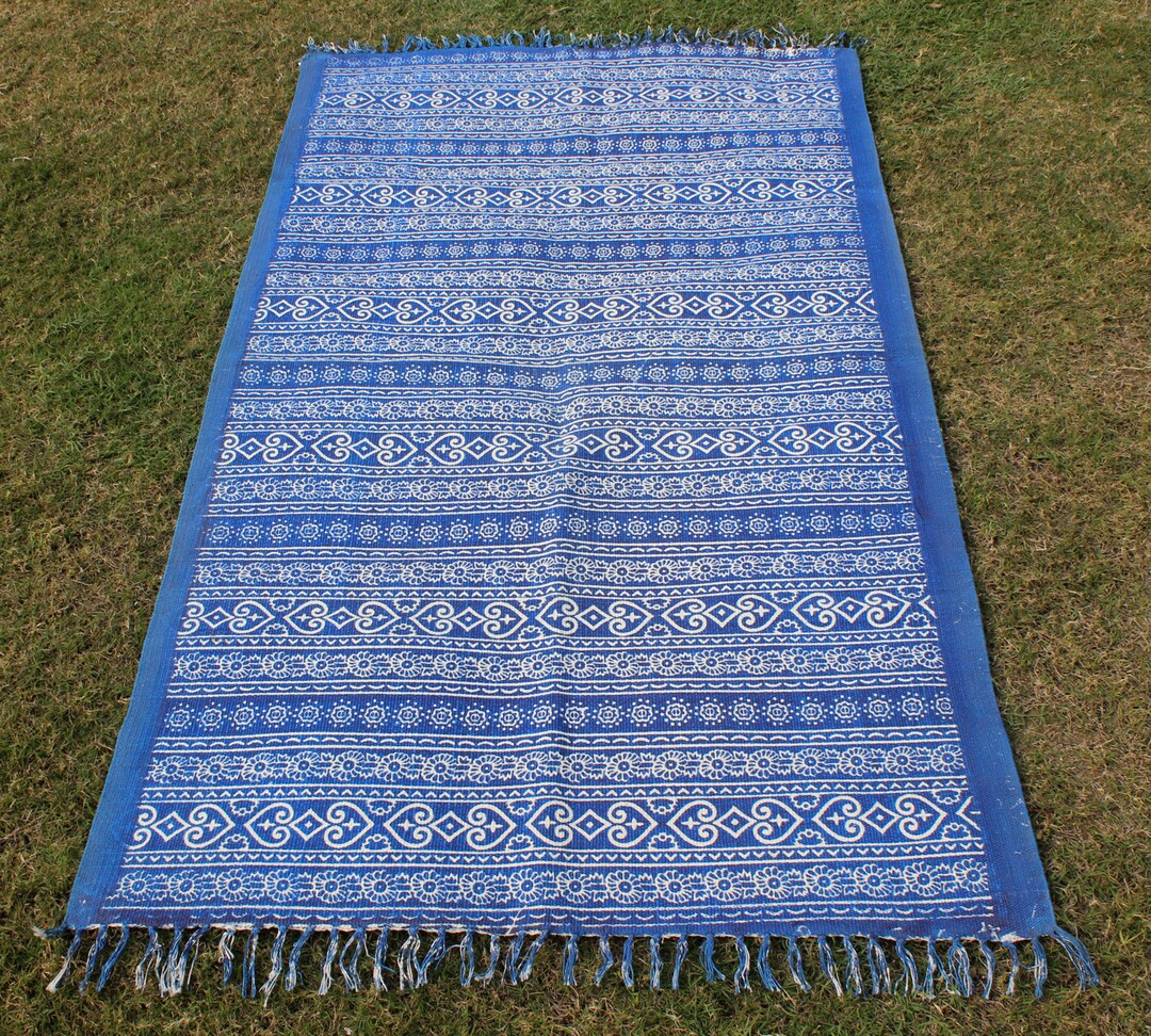Modern Blue Cotton Rug Hand Block Print Carpet Sustainable Lobby ...