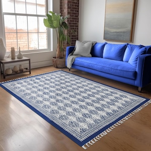 Washable Blue Cotton Rug, 8x10 Area Rug, 5x5 Square Rug, Runner & Stair Carpet, Handmade Boho Rug for Living Room, Custom Sizes Outdoor Mats