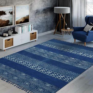 Indian dhurrie Hand block printed floor rug Handmade kilim rug Blue geometric rug Boho decor cotton rug Washable area rug Indoor outdoor mat