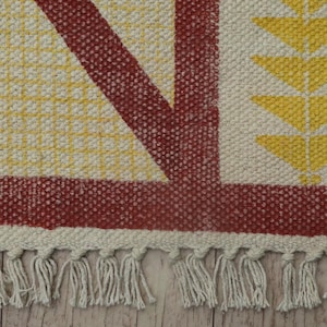Red Yellow Hand Block Print Rug, Geometric Cotton Flatweave Carpet, Washable Boho Area Rug for Living Room, Indoor Outdoor Patio Mat 3x5 ft