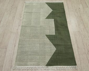 Handmade Green Cotton Dhurrie Rug, Block Print Geometric Rug