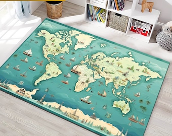 May include: A teal blue world map rug with a vintage illustration style. The map features continents, oceans, and ships sailing on the water. The rug has a light beige border.