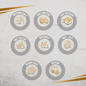 May include: A graphic with circular icons and text. The icons represent features such as customizable, free shipping, fast delivery, soft feeling, washable, anti-slip, microfiber, and cotton.