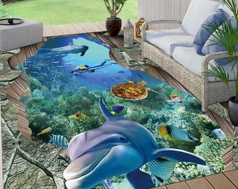 3D Crack Rug,Dolphin Fish Rug,3D Huge Rug,Sea Animal Rug,Nautical Decor,Gift Rug,Living Room Rug,3D Rug,Area Rug,Office Rug,Deep Hole Rug