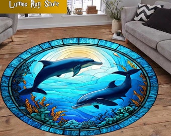 Dolphin Round Rug: Nautical Ocean Sea Animal Area Rug
