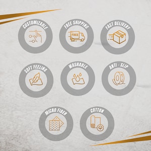 May include: Nine icons with white outlines on a gray background. The icons represent customizable, free shipping, fast delivery, soft feeling, washable, anti-slip, microfiber, and cotton. The icons are arranged in a 3x3 grid.