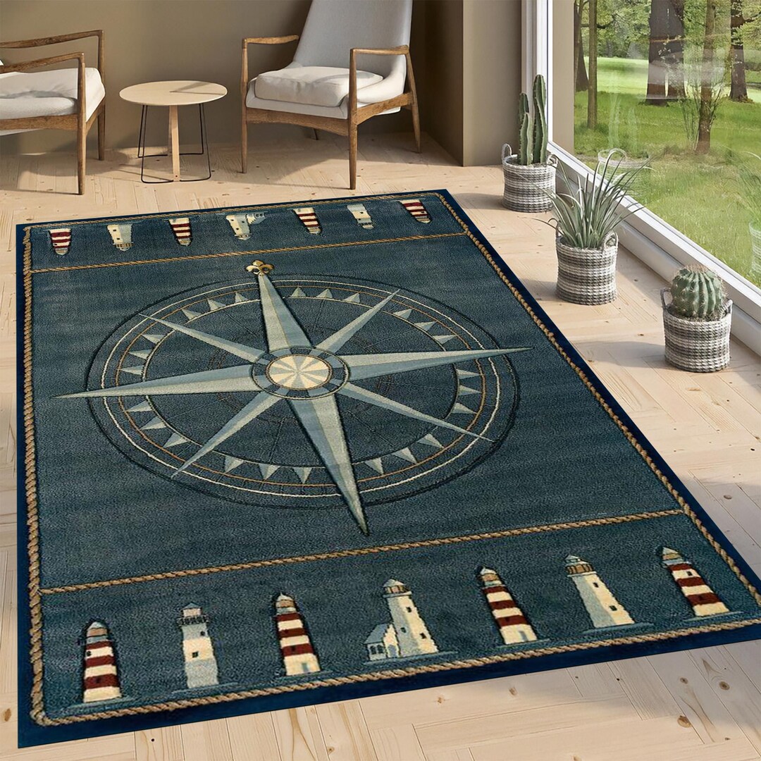 Compass Rug: Nautical Lighthouse Decor, Non-slip Cotton Base - Etsy